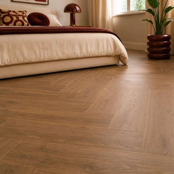Lame PVC à coller Bâton rompu Arbiton Amaron Herringbone Dryback - 15,4 x 61,6 cm - Chêne Rochester
